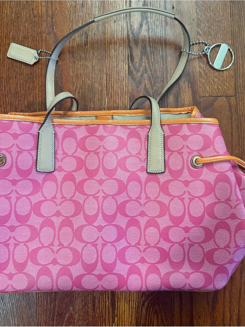 Coach Pink Signature Stripe Tote with Orange Accent - Picture 2 of 5